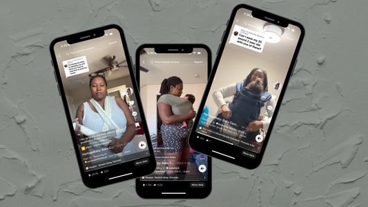 An image of 3 iphones with the screen open to social media posts about babywearing