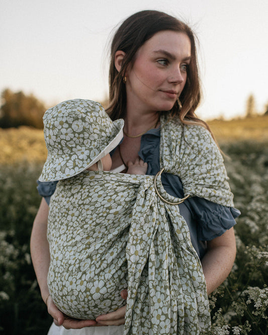 Heritage Baby Designs Valley Linen Ring Sling - Daisy Floral on Olive Background