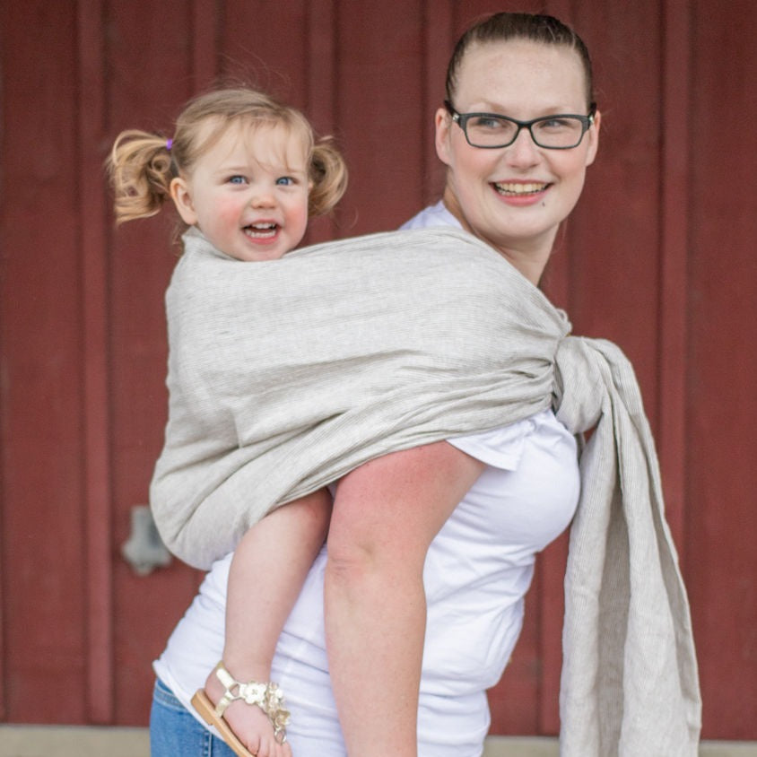 Beige and White Stripe Baby Carrier. Toddler Back Carry in a Ring Sling.