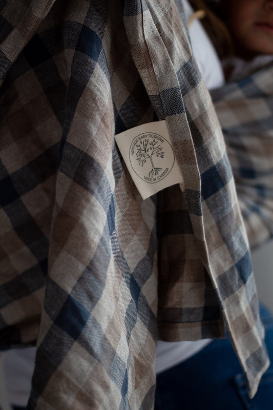 Beige and Blue Plaid Linen Ring Sling