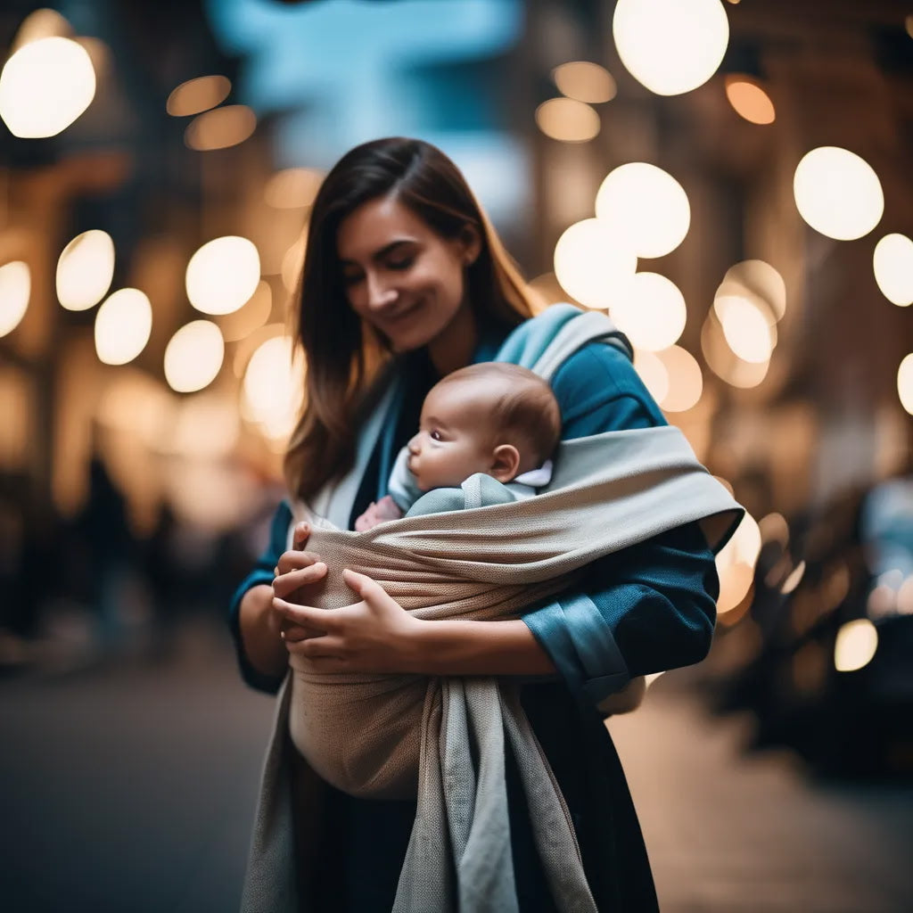 AI generated image of mom wearing a baby in a wrap carrier. Exploring millennial parenting struggles with AI insights. Tips on babywearing, from toddler slings to infant wraps, and finding the best baby carrier for your family.