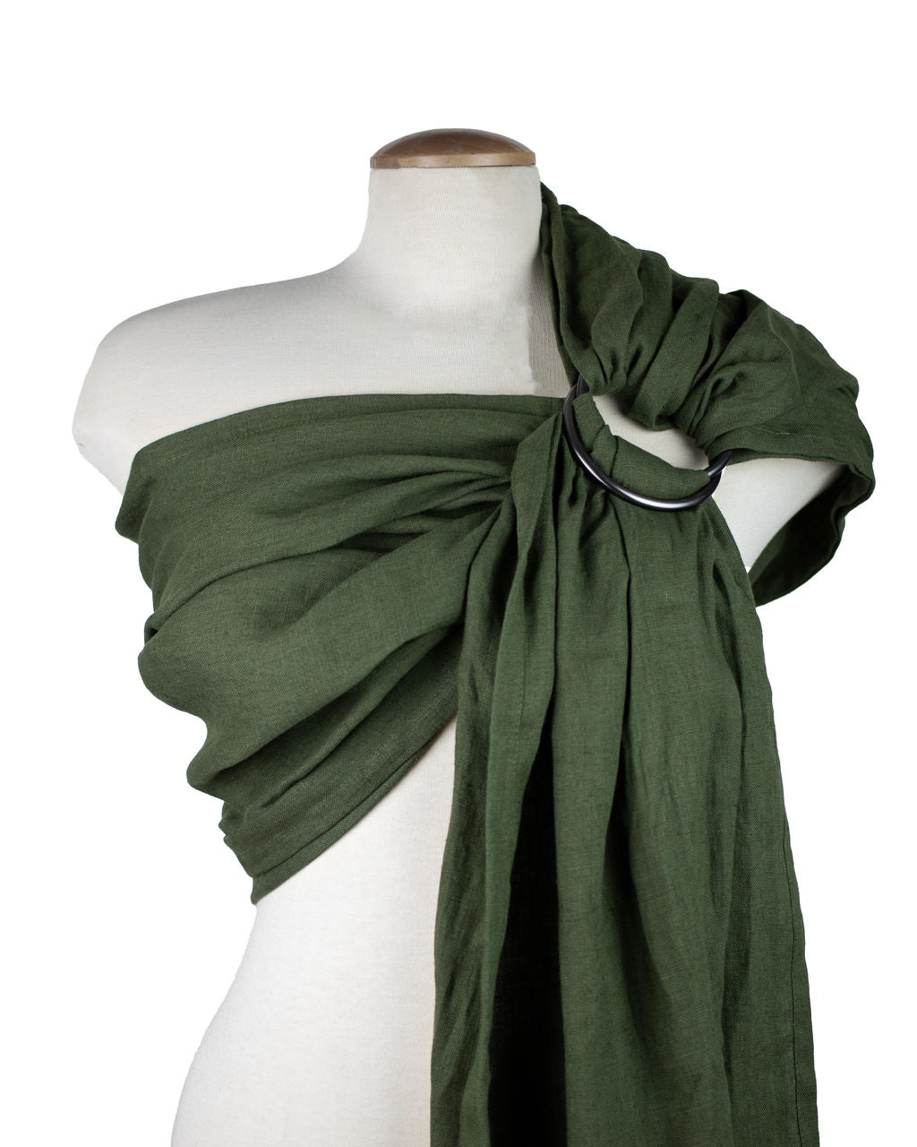 Green Linen baby carrier wrap on a mannequin with a white background