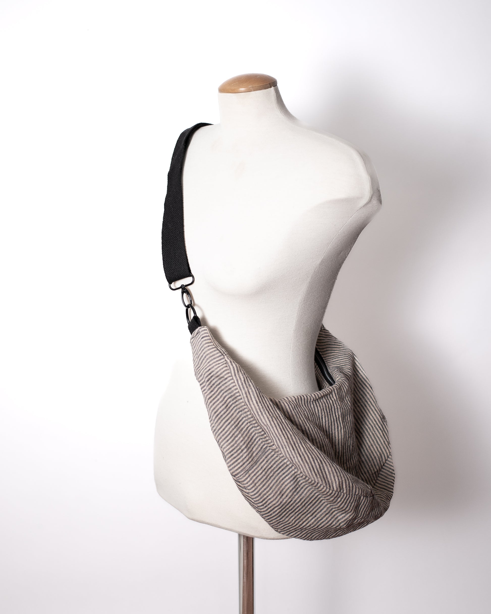 White and Grey Stipe Linen Crescent Bag