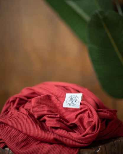 Leon (Red/Orange) Stretch Wrap Baby Carrier, Fall Product Photo on stump with leaf background